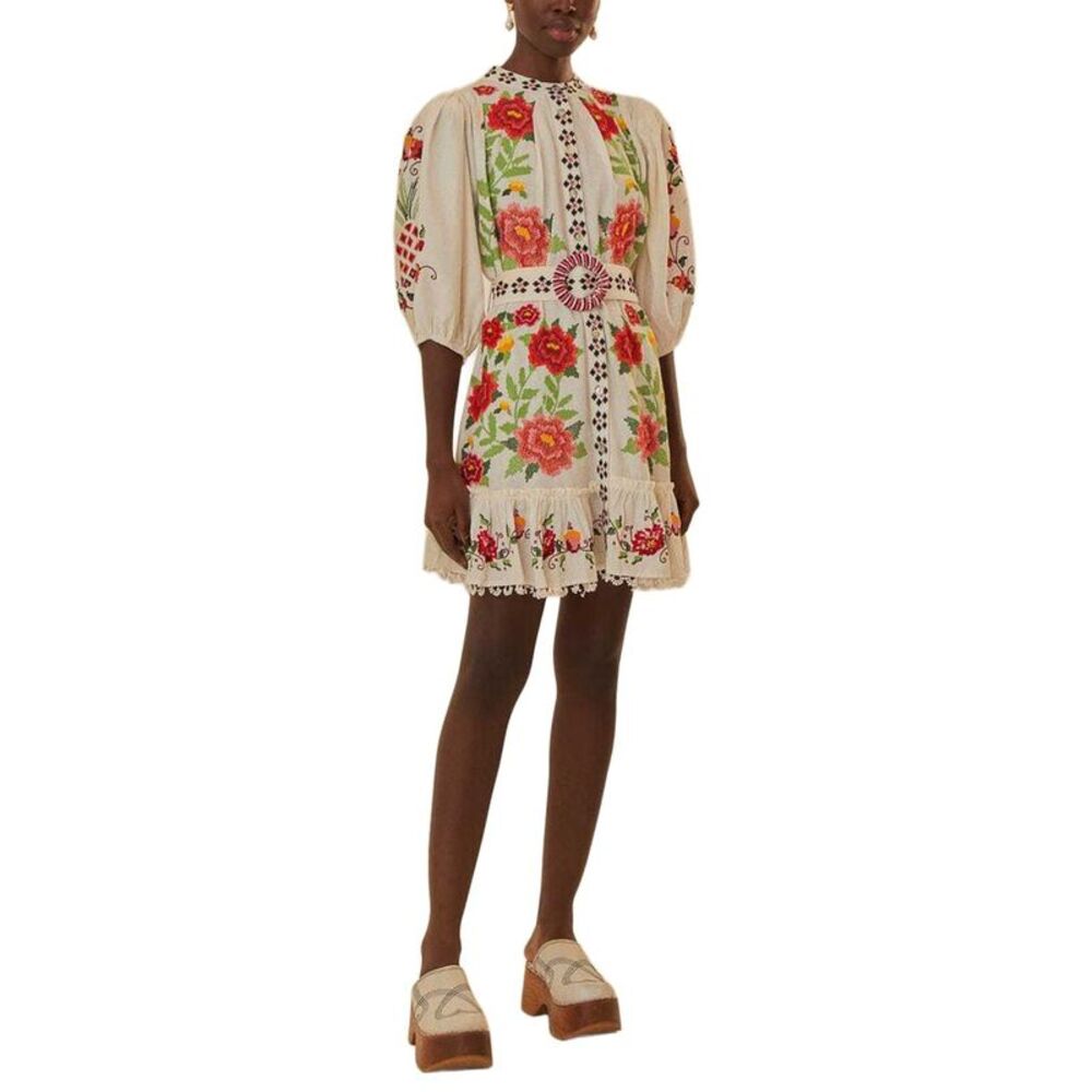 Farm Rio Womens Linen-Blend Embroidered Carmina Floral Mini Dress